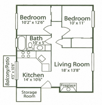 Floor plan for 2 beds, 1 bath, 845 sqft